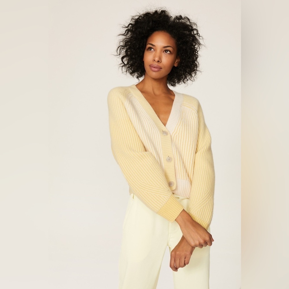 Naadam Fisherman Colorblock Cardigan yellow cream wool cashmere size large